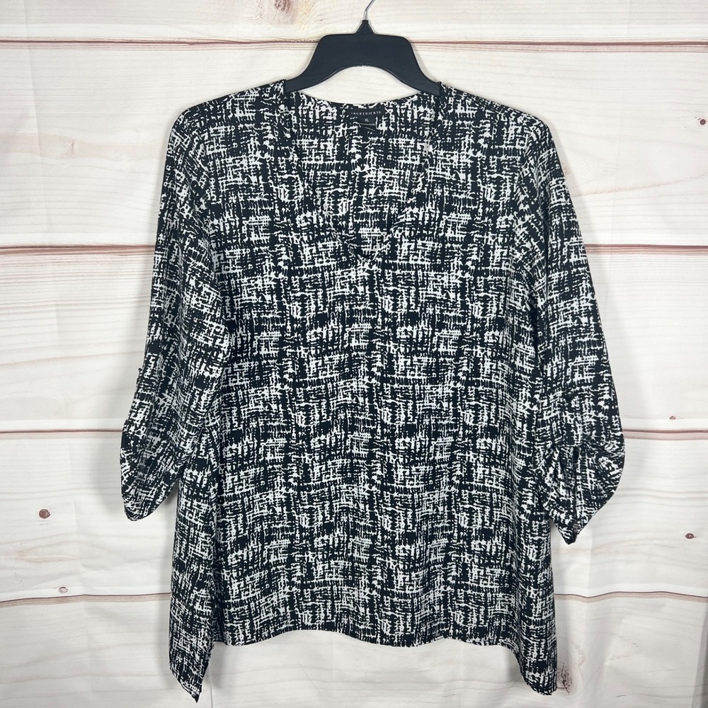 Ingredients Top Women XL Black White Abstract Print Blouse V-Neck Pullover Woven